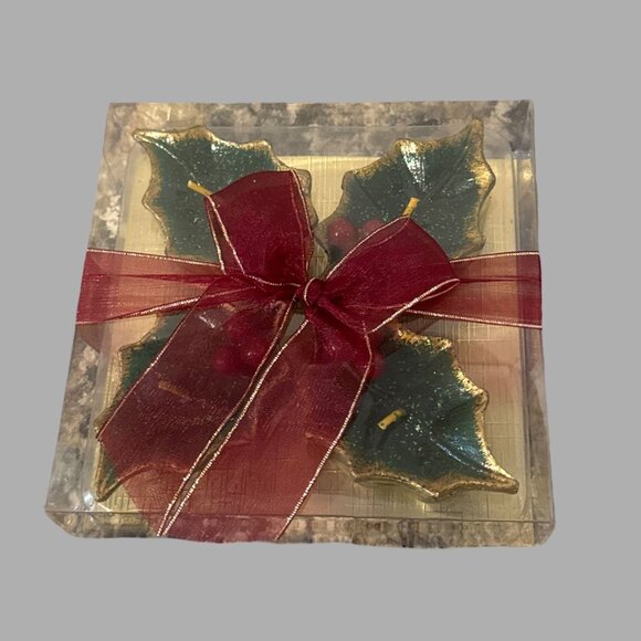 Holly Leaf Shaped Decorative Candles Set Of 4 With Red Berries & Gold Trim - Hol - Picture 2 of 4